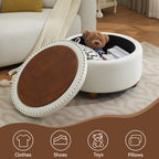 30'' Round Ottoman with Storage, Modern Tufted Storage Ottoman with Removable Top for Living Room, Bedroom, Beige