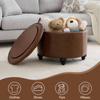 HASLE 24Inch Round Storage Ottoman with Tray, Modern Tufted Leather Circle Coffee Table with Storage, Upholstered Ottoman with Removable Top for Living Room, Bedroom, Leather Coffee