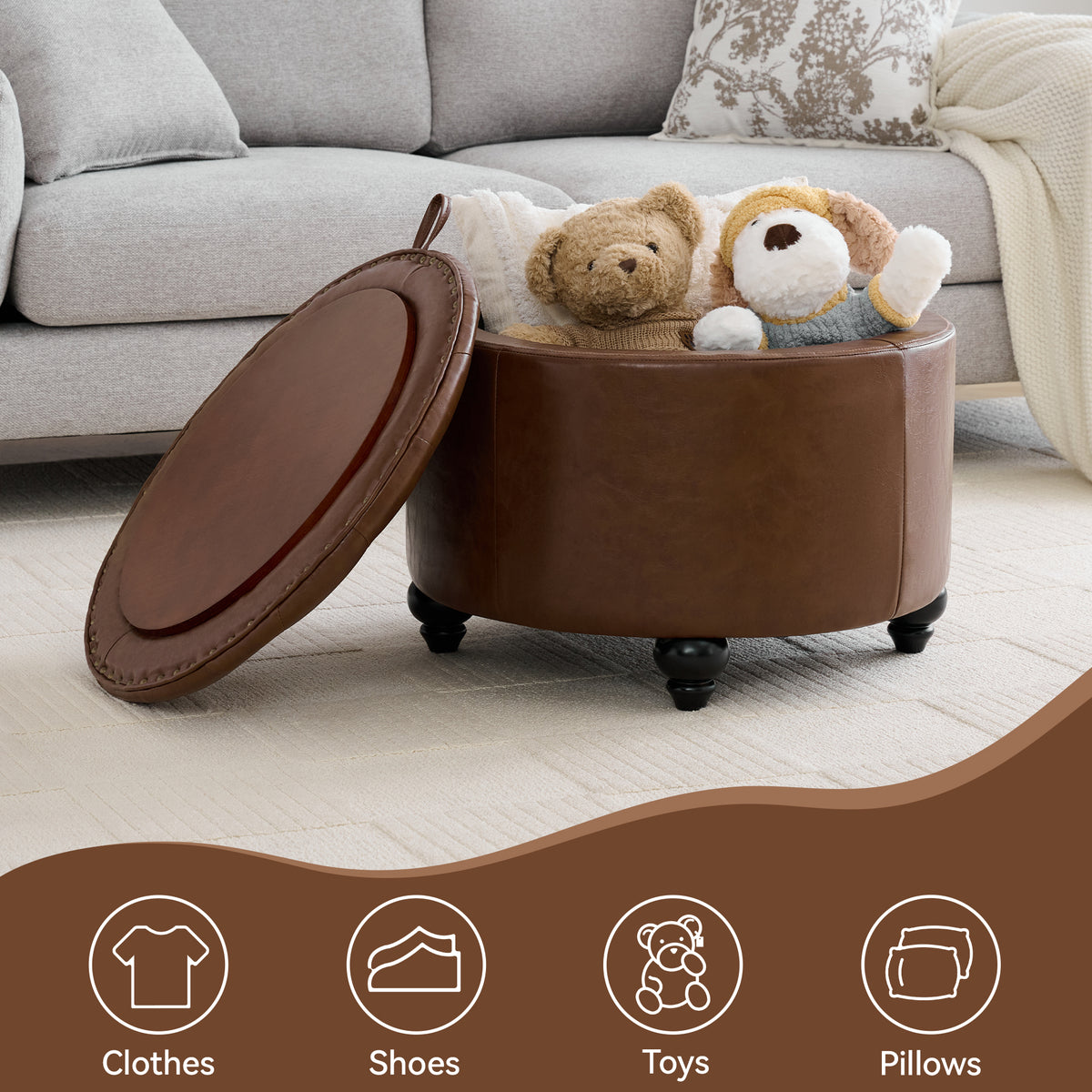 HASLE 24Inch Round Storage Ottoman with Tray, Modern Tufted Leather Circle Coffee Table with Storage, Upholstered Ottoman with Removable Top for Living Room, Bedroom, Leather Coffee