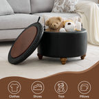 HASLE 24Inch Round Storage Ottoman with Tray, Modern Tufted Leather Circle Coffee Table with Storage, Upholstered Ottoman with Removable Top for Living Room, Bedroom, Leather Black