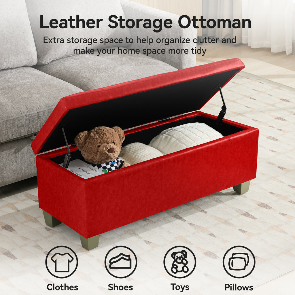 Faux Leather Storage Ottoman Bench, Rectangle Upholstered Storage Bench with Wooden Legs, Stitch Tufted Bench with Storage for Bedroom, Living Room, Entryway