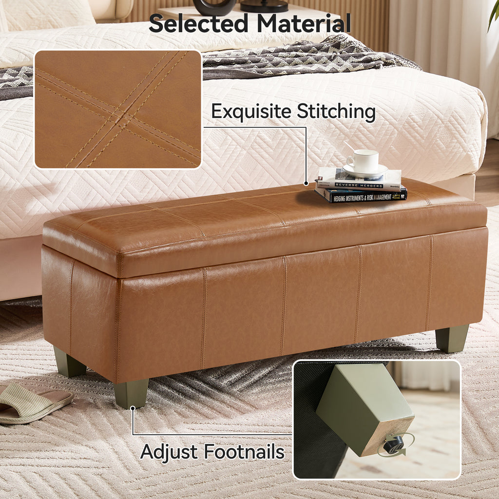 Faux Leather Storage Ottoman Bench, Rectangle Upholstered Storage Bench with Wooden Legs, Stitch Tufted Bench with Storage for Bedroom, Living Room, Entryway