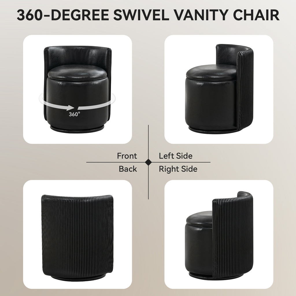 Vanity Chair with Storage，Leather, Black
