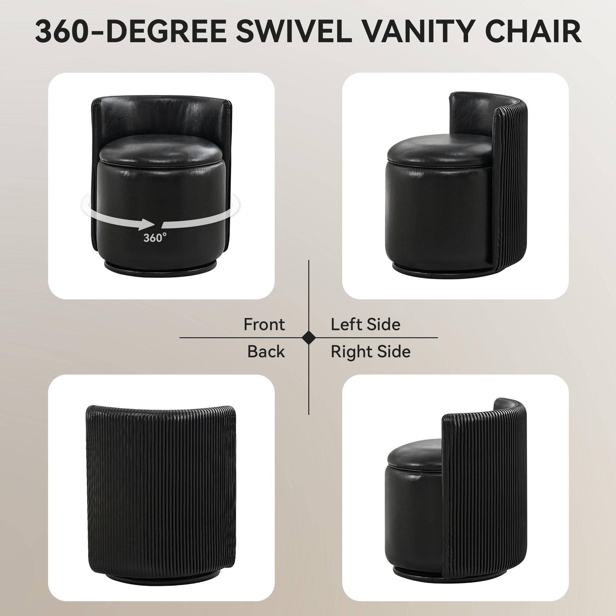 Vanity Chair with Storage，Leather, Black
