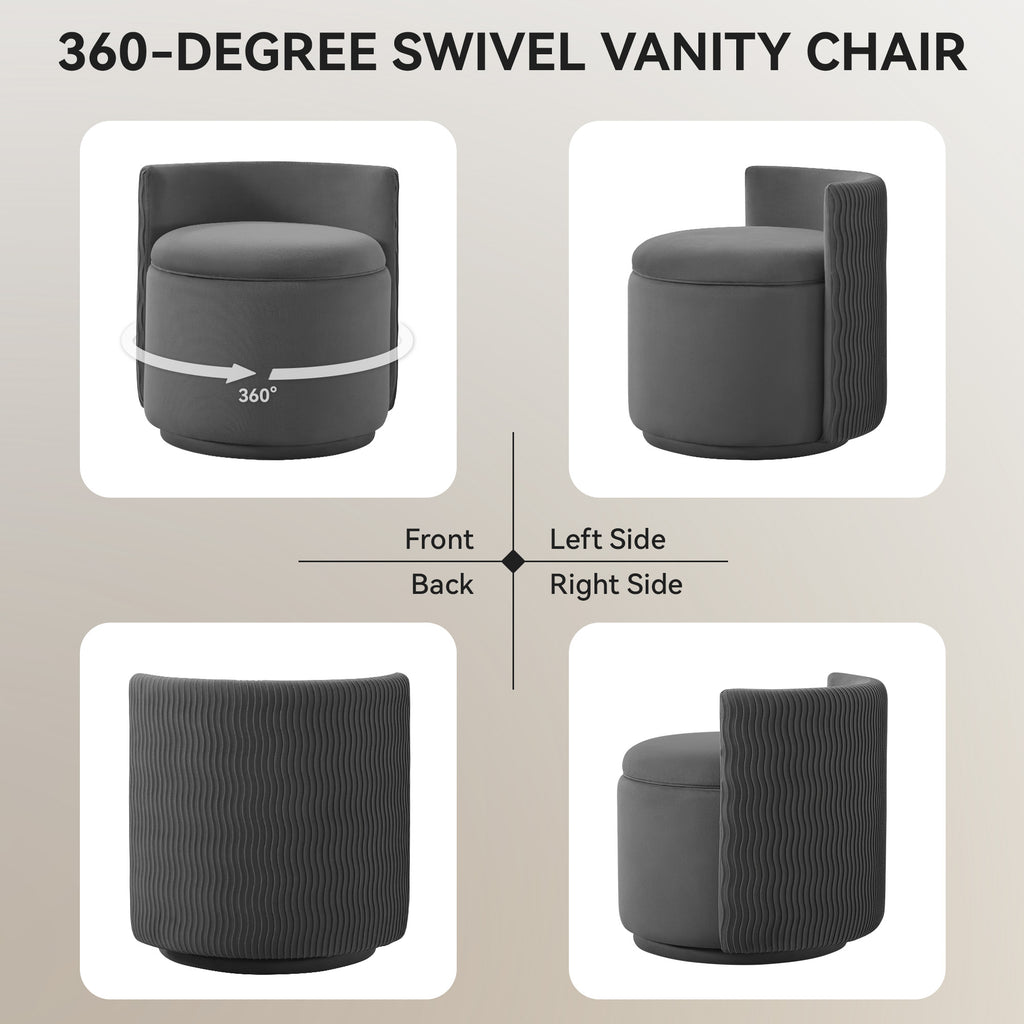 Velvet Swivel Accent Chair with Storage, 360° Vanity Makeup Chair with Wave Back, No Assembly Comfy Single Sofa Chair, Small Accent Stool for Bedroom, Dressing, Living Room