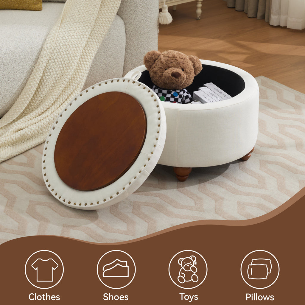 24'' Round Ottoman with Storage, Modern Tufted Fabirc Storage Ottoman with Removable Top for Living Room, Bedroom, White