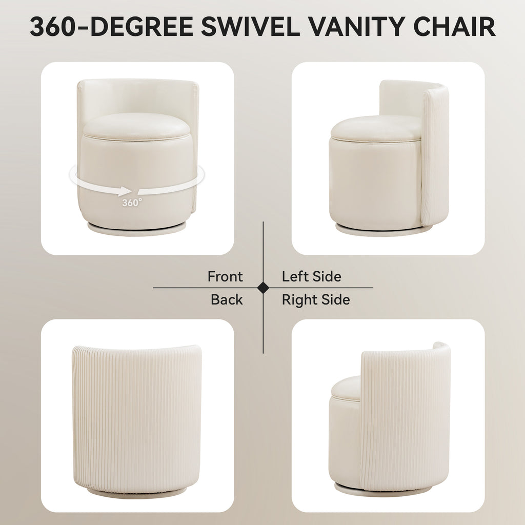 Vanity Chair with Storage，Leather, Beige