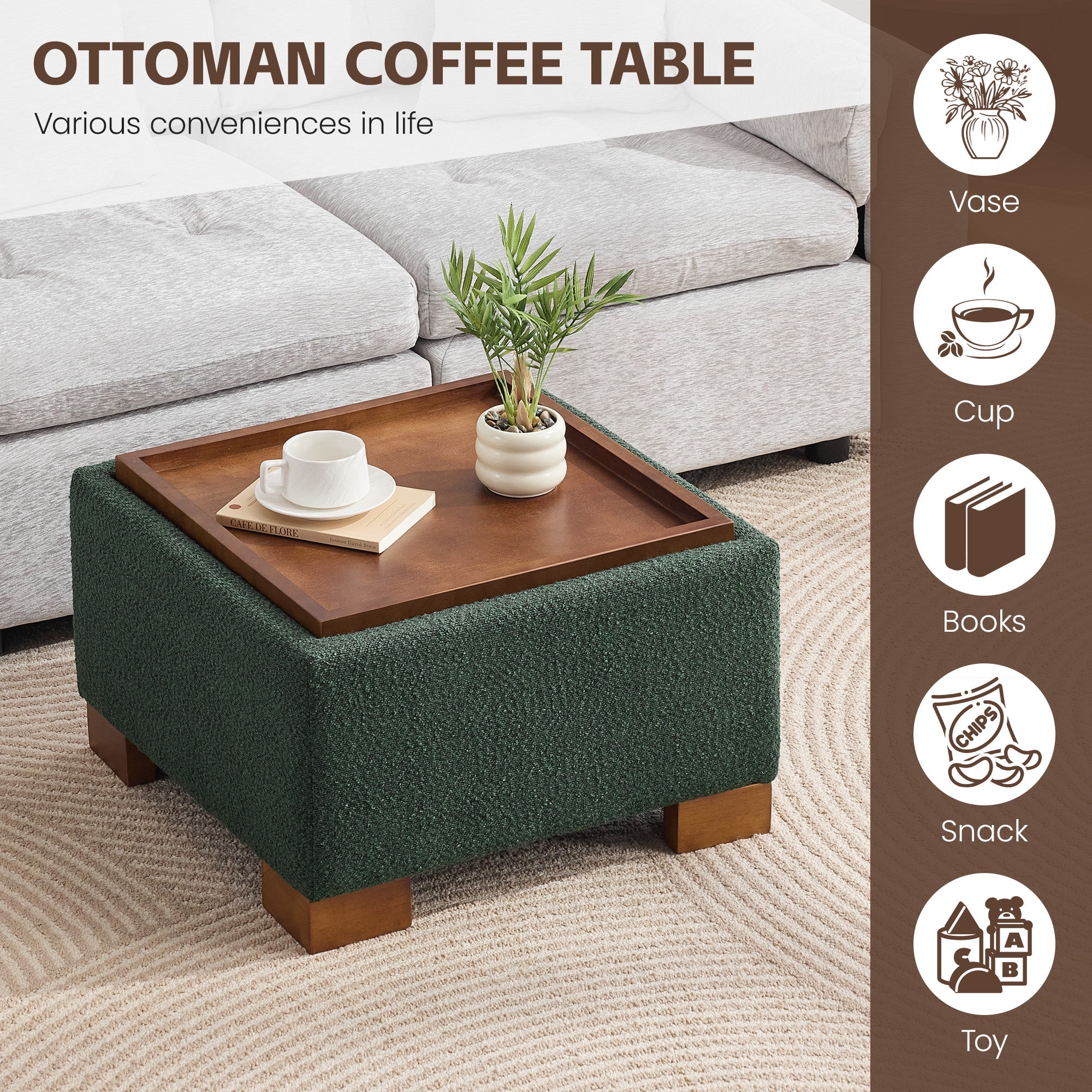 24" Square Storage Ottoman，Green