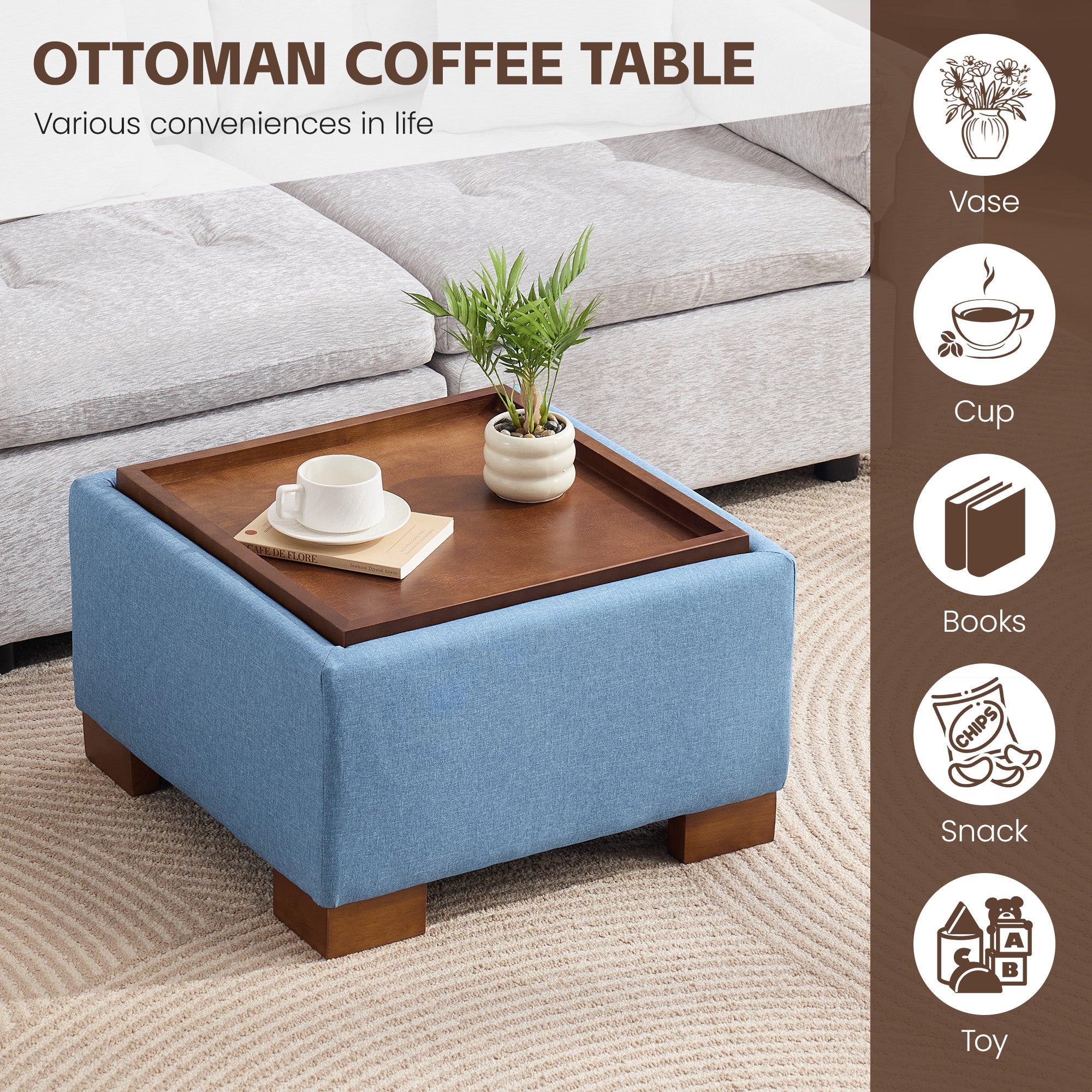 24" Square Storage Ottoman，Blue