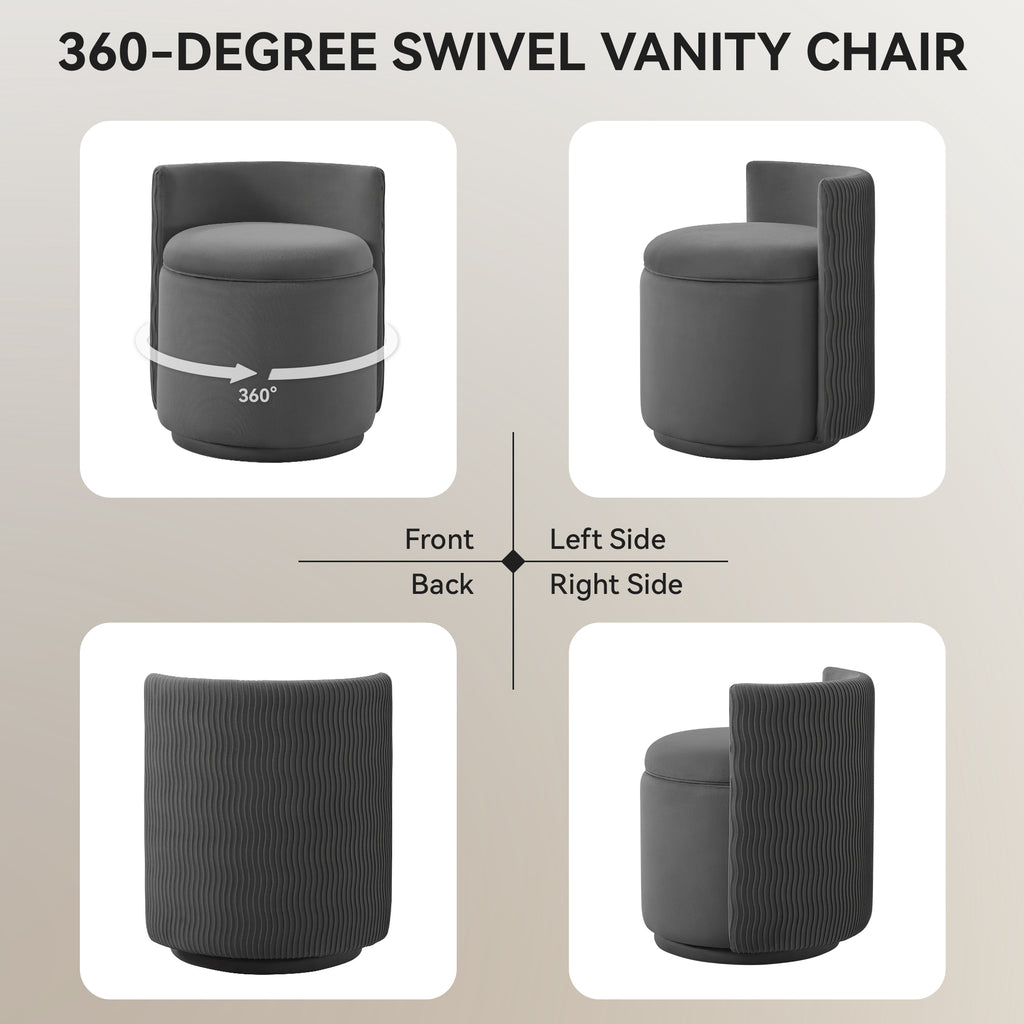 Velvet Swivel Accent Chair with Storage, 360° Vanity Makeup Chair with Wave Back, No Assembly Comfy Single Sofa Chair, Small Accent Stool for Bedroom, Dressing, Living Room