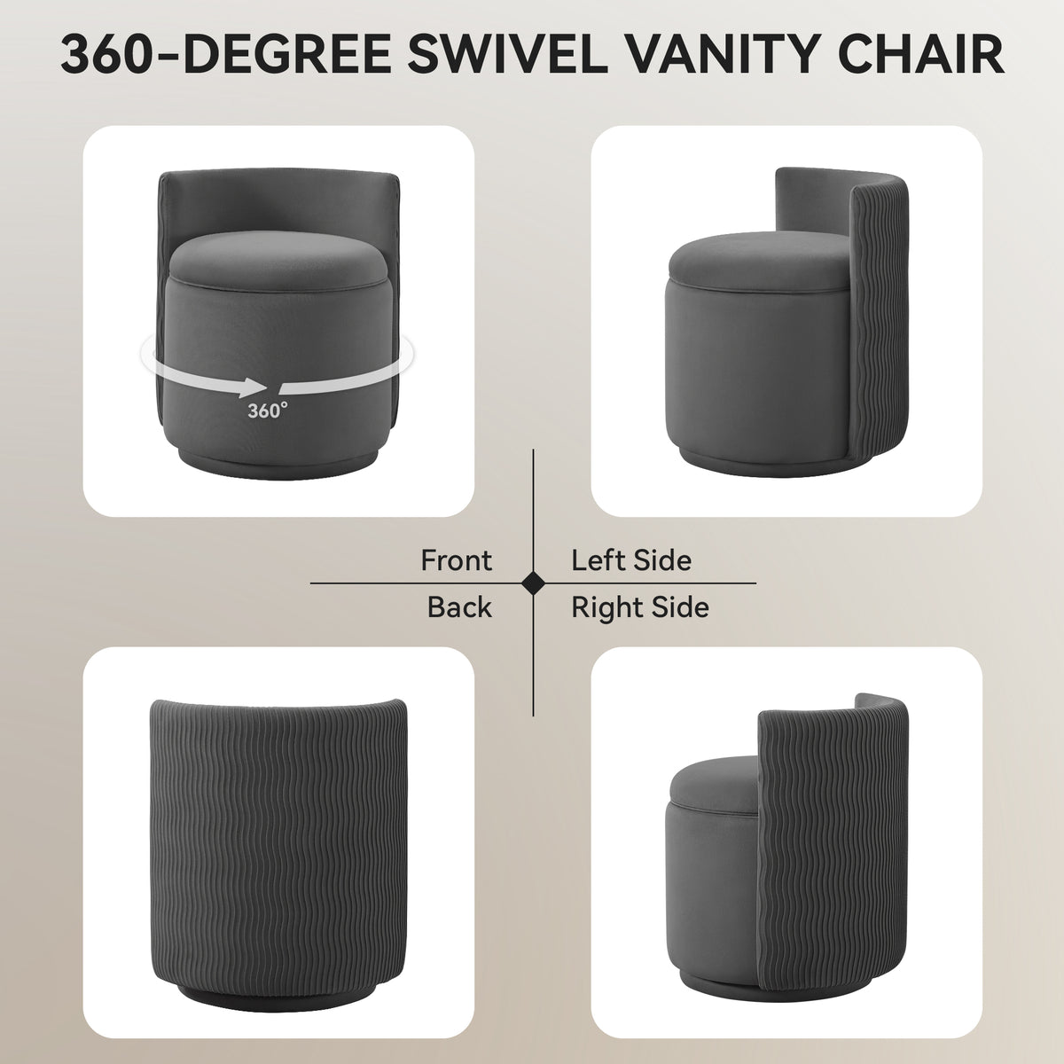 Velvet Swivel Accent Chair with Storage, 360° Vanity Makeup Chair with Wave Back, No Assembly Comfy Single Sofa Chair, Small Accent Stool for Bedroom, Dressing, Living Room