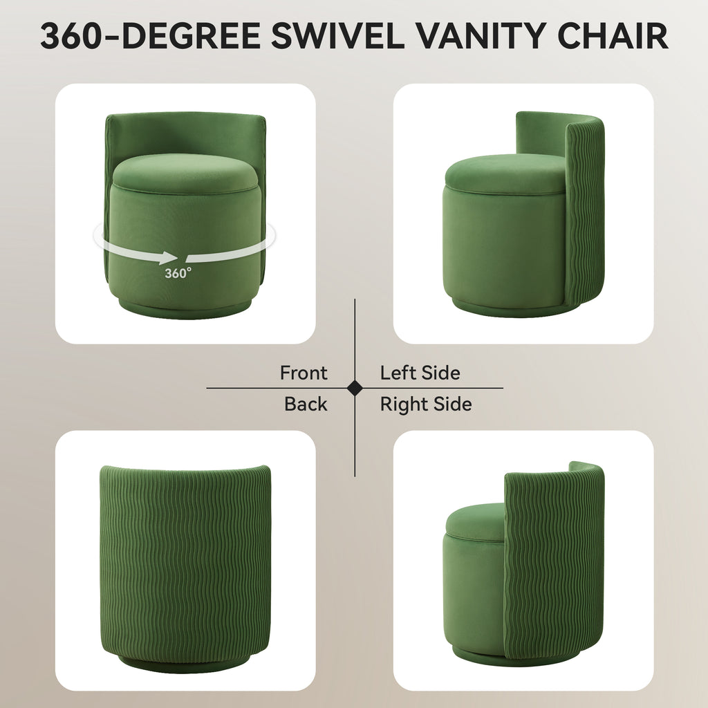 Velvet Swivel Accent Chair with Storage, 360° Vanity Makeup Chair with Wave Back, No Assembly Comfy Single Sofa Chair, Small Accent Stool for Bedroom, Dressing, Living Room