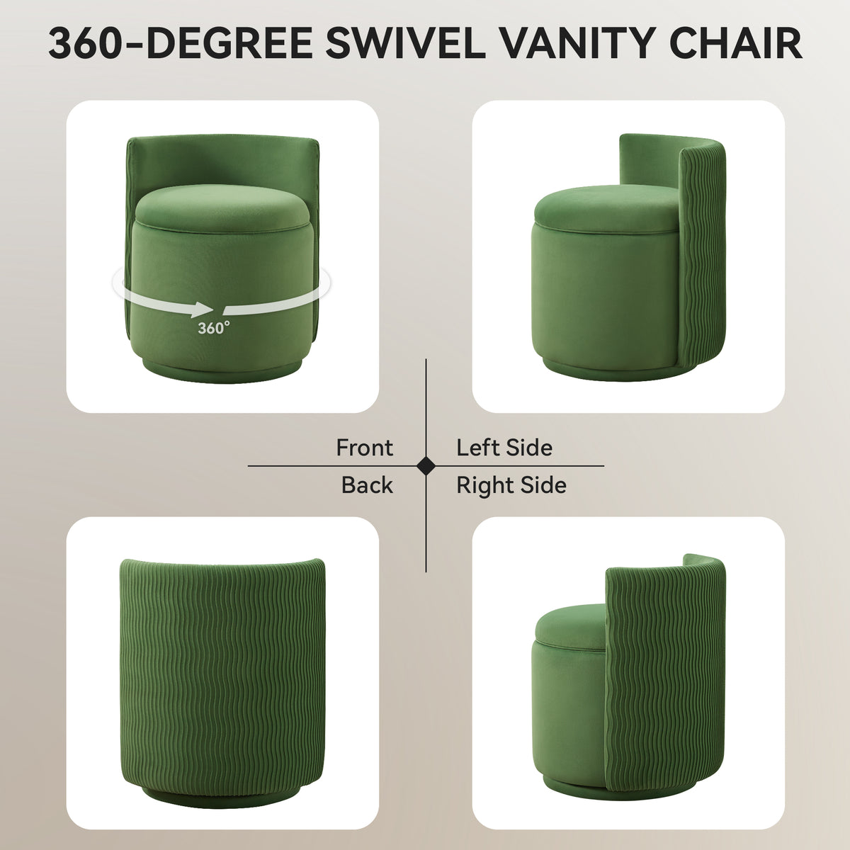 Velvet Swivel Accent Chair with Storage, 360° Vanity Makeup Chair with Wave Back, No Assembly Comfy Single Sofa Chair, Small Accent Stool for Bedroom, Dressing, Living Room