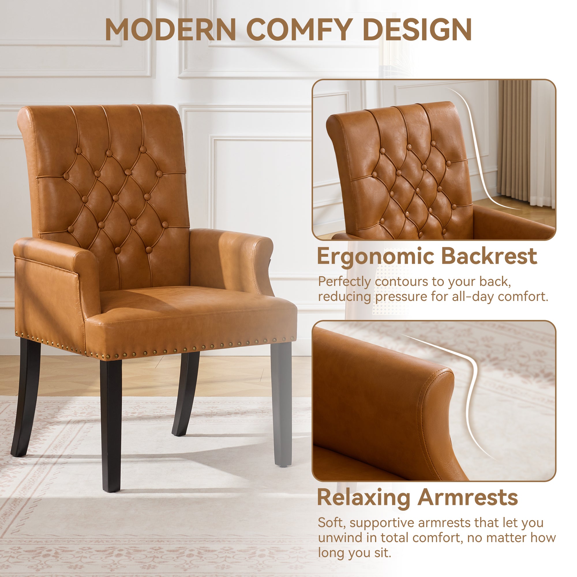 PU Leather Dining Chair with Arms, Light Brown