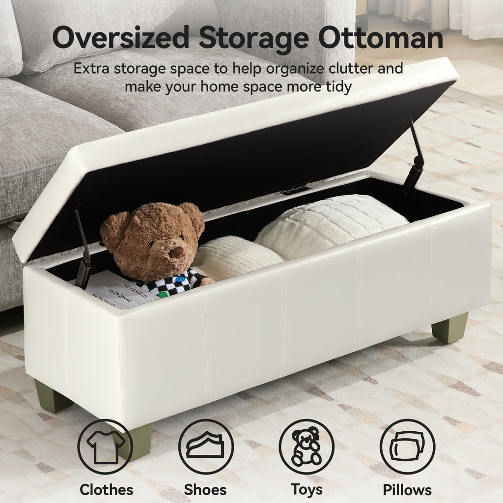 Faux Leather Storage Ottoman Bench, Rectangle Upholstered Storage Bench with Wooden Legs, Stitch Tufted Bench with Storage for Bedroom, Living Room, Entryway