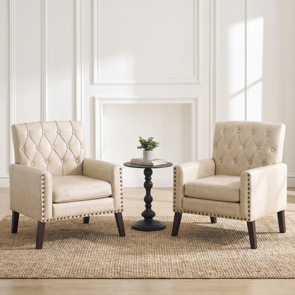 Mid Century Modern Accent Chair, White Brown Faux Leather Club Chair for Living Room, Bedroom, Office, or Reception Room