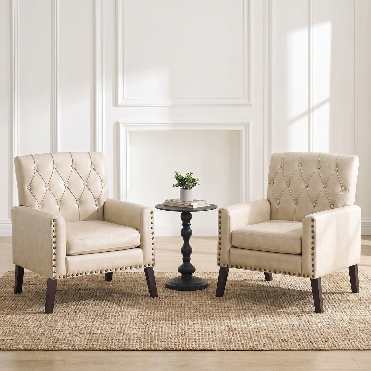 Mid Century Modern Accent Chair, White Brown Faux Leather Club Chair for Living Room, Bedroom, Office, or Reception Room