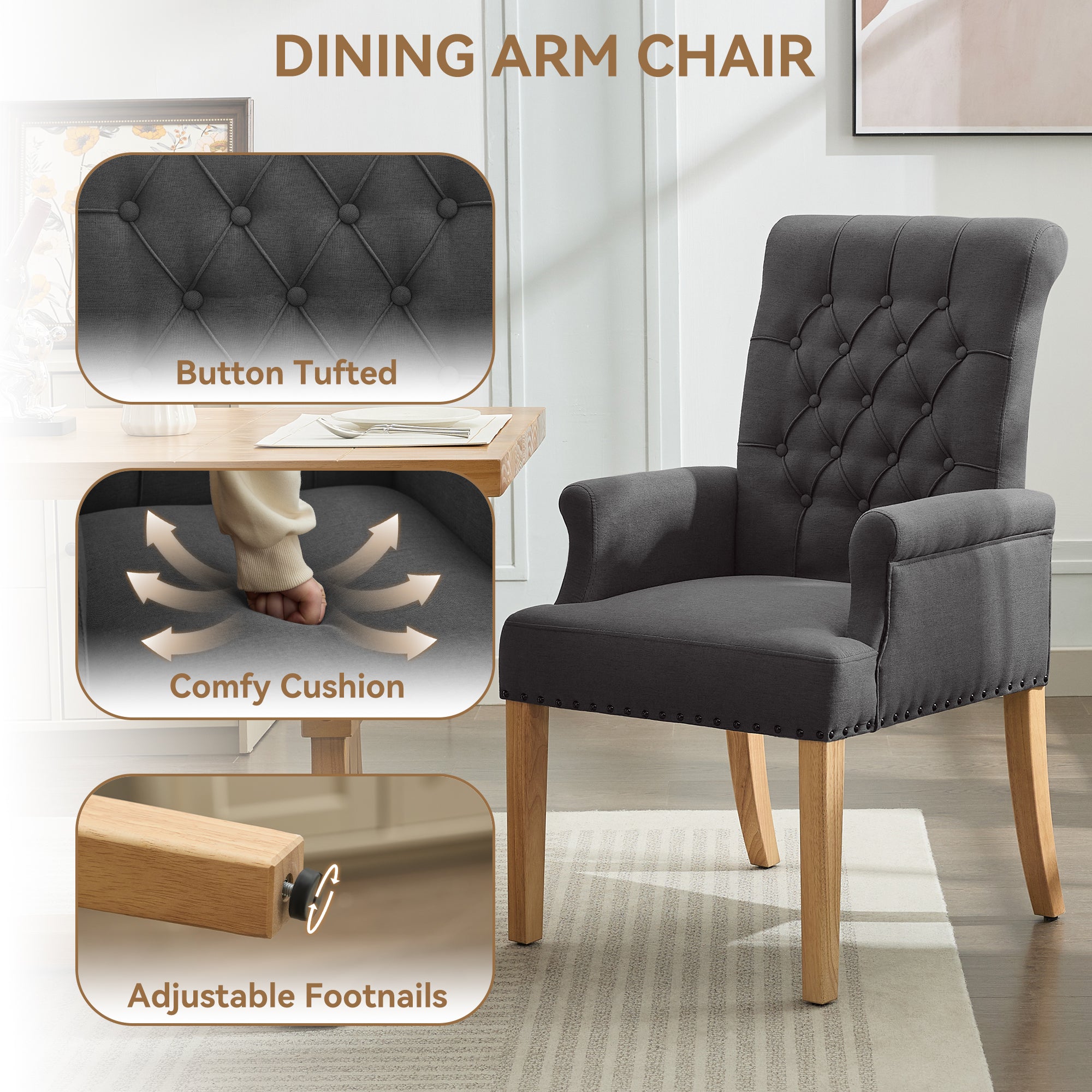 Fabric Dining Chair with Arms，Dark Gray