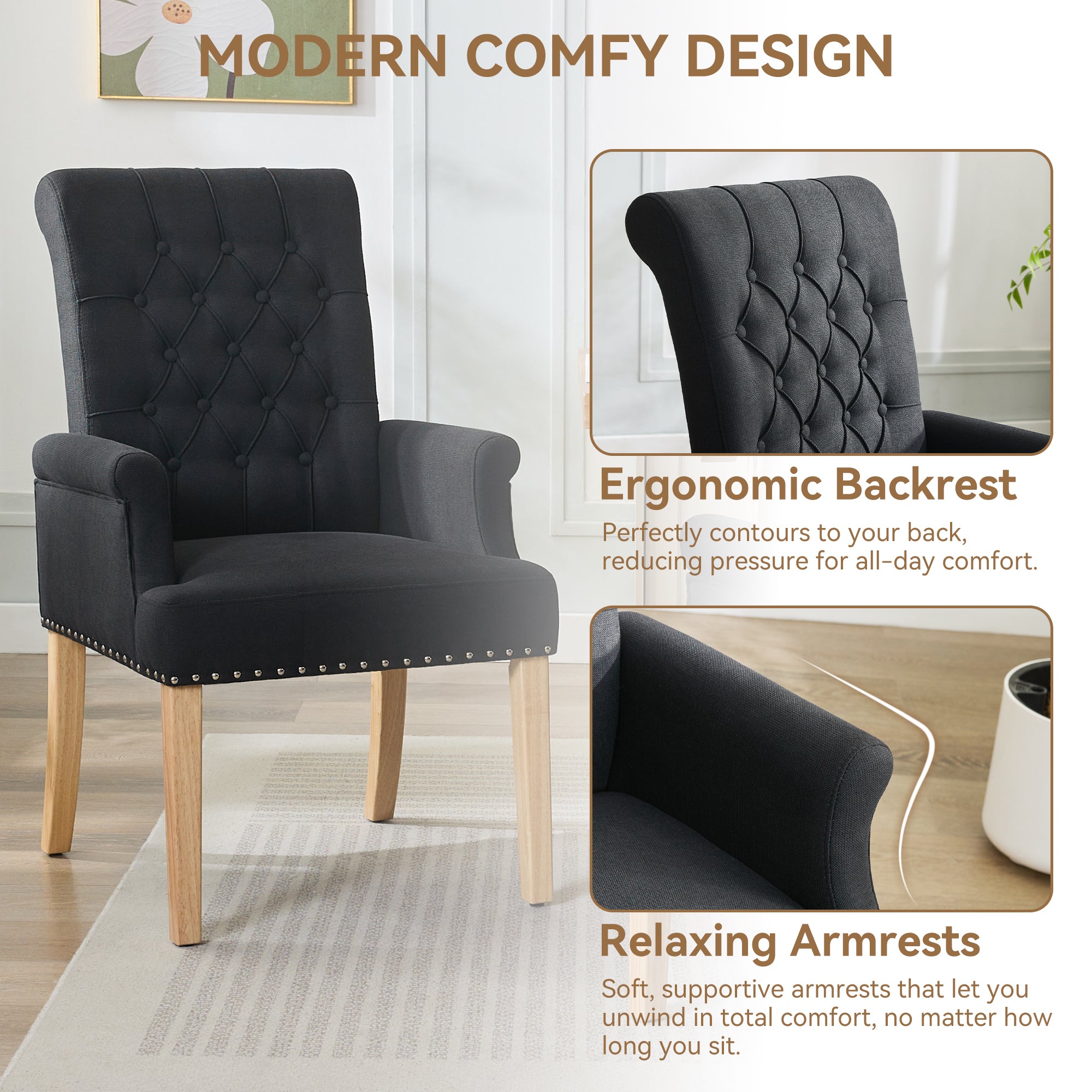 Fabric Dining Chair with Arms，Black