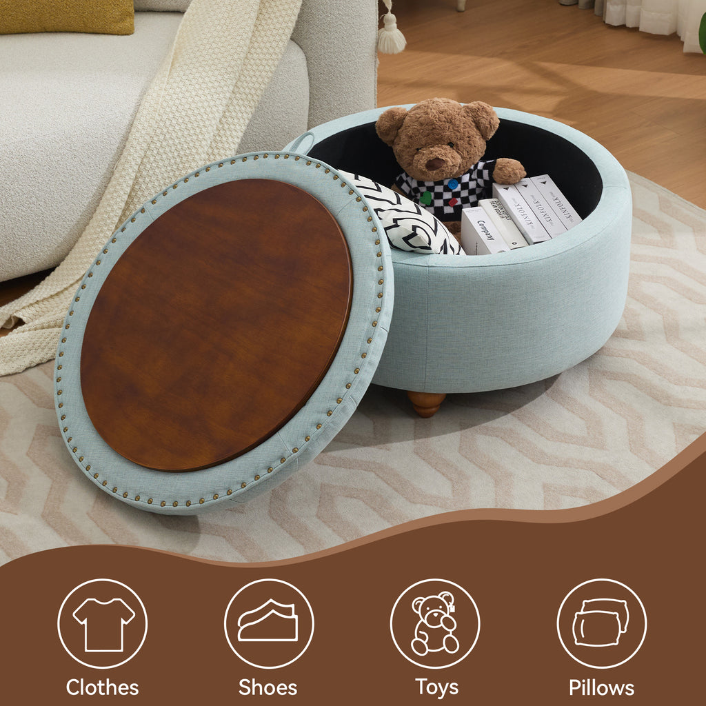 30'' Round Ottoman with Storage, Modern Tufted Fabric Storage Ottoman with Removable Top for Living Room, Bedroom, Light Blue