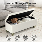 Faux Leather Storage Ottoman Bench, Rectangle Upholstered Storage Bench with Wooden Legs, Stitch Tufted Bench with Storage for Bedroom, Living Room, Entryway