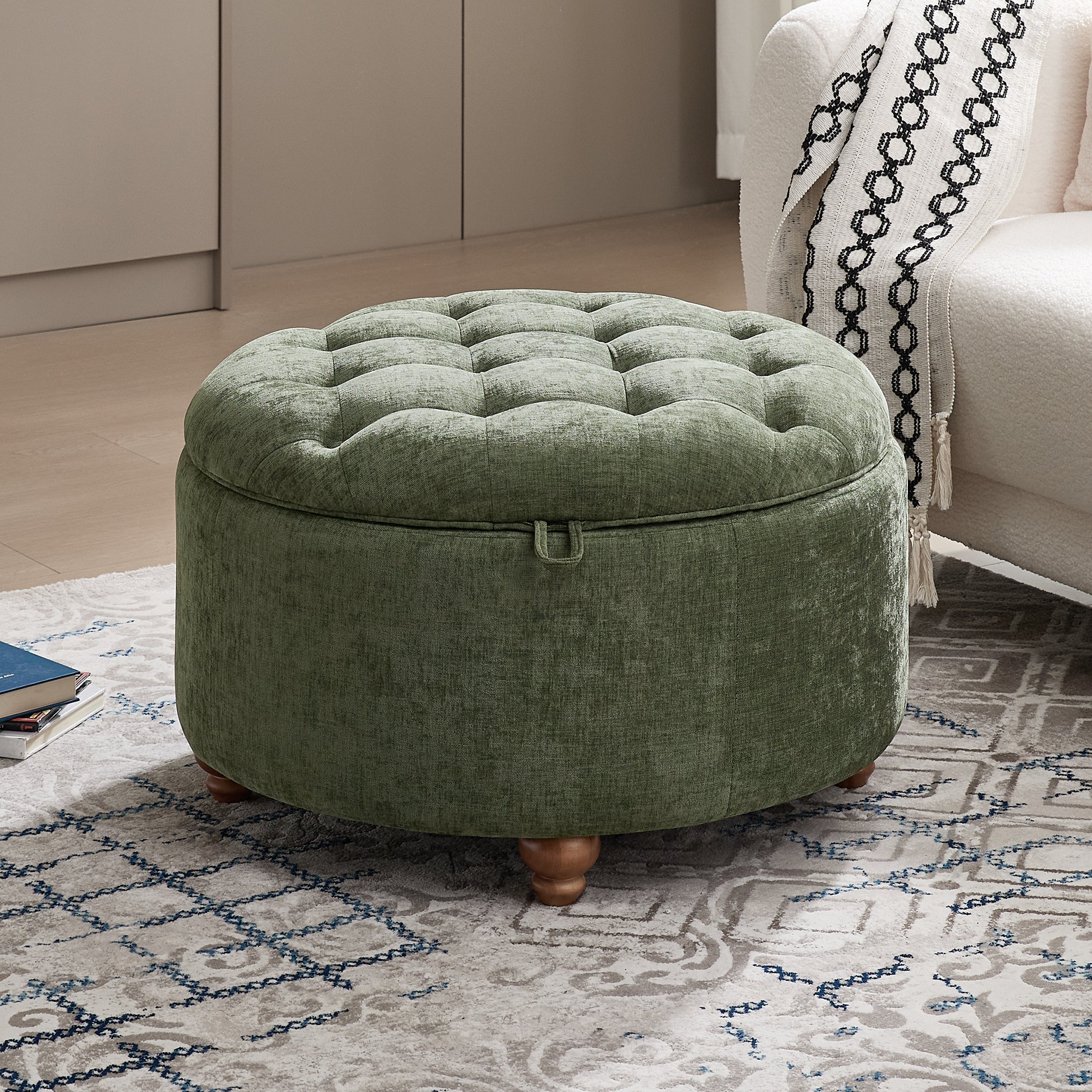 Round Storage Ottoman，Green