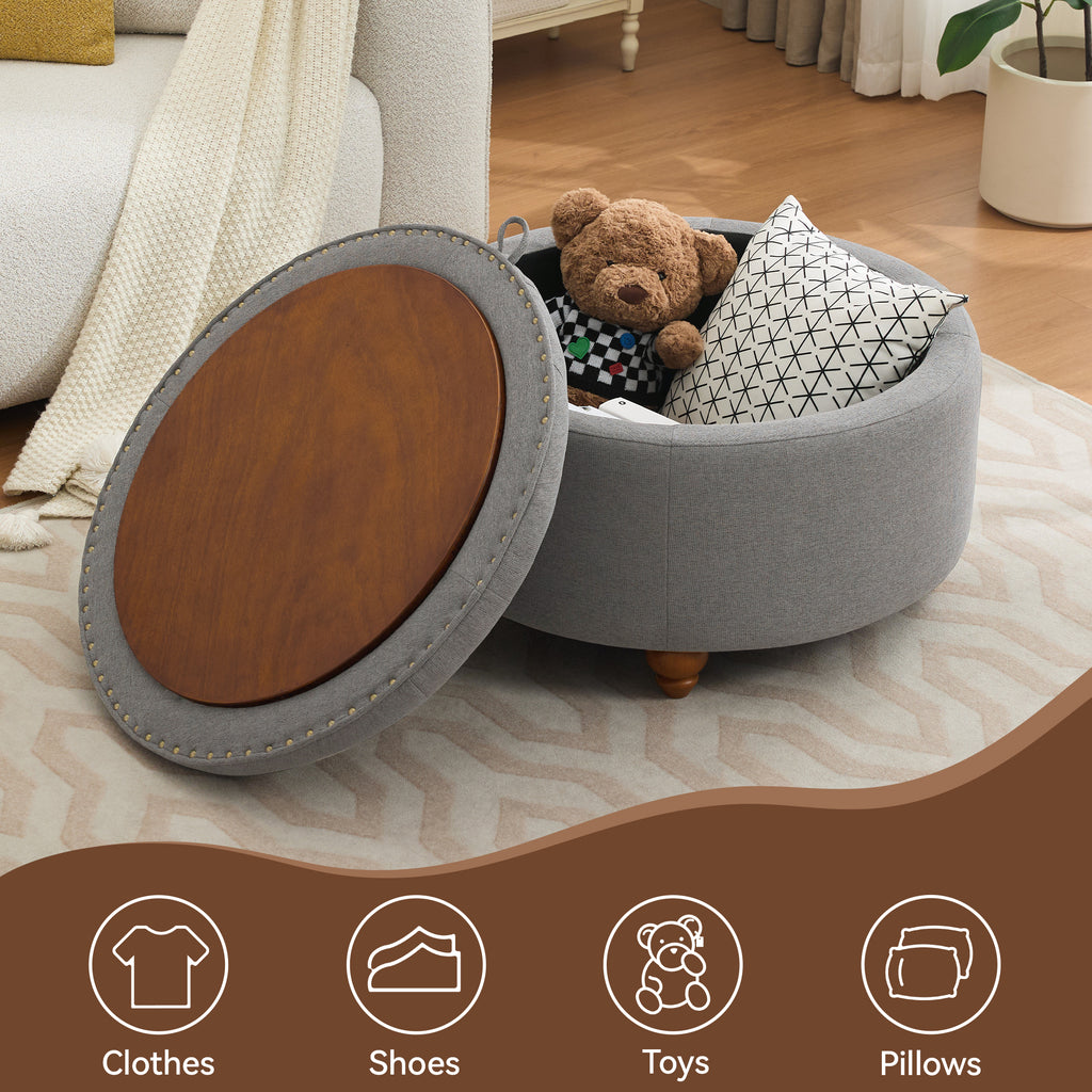 30'' Round Ottoman with Storage, Modern Tufted Fabric Storage Ottoman with Removable Top for Living Room, Bedroom, Light Gray