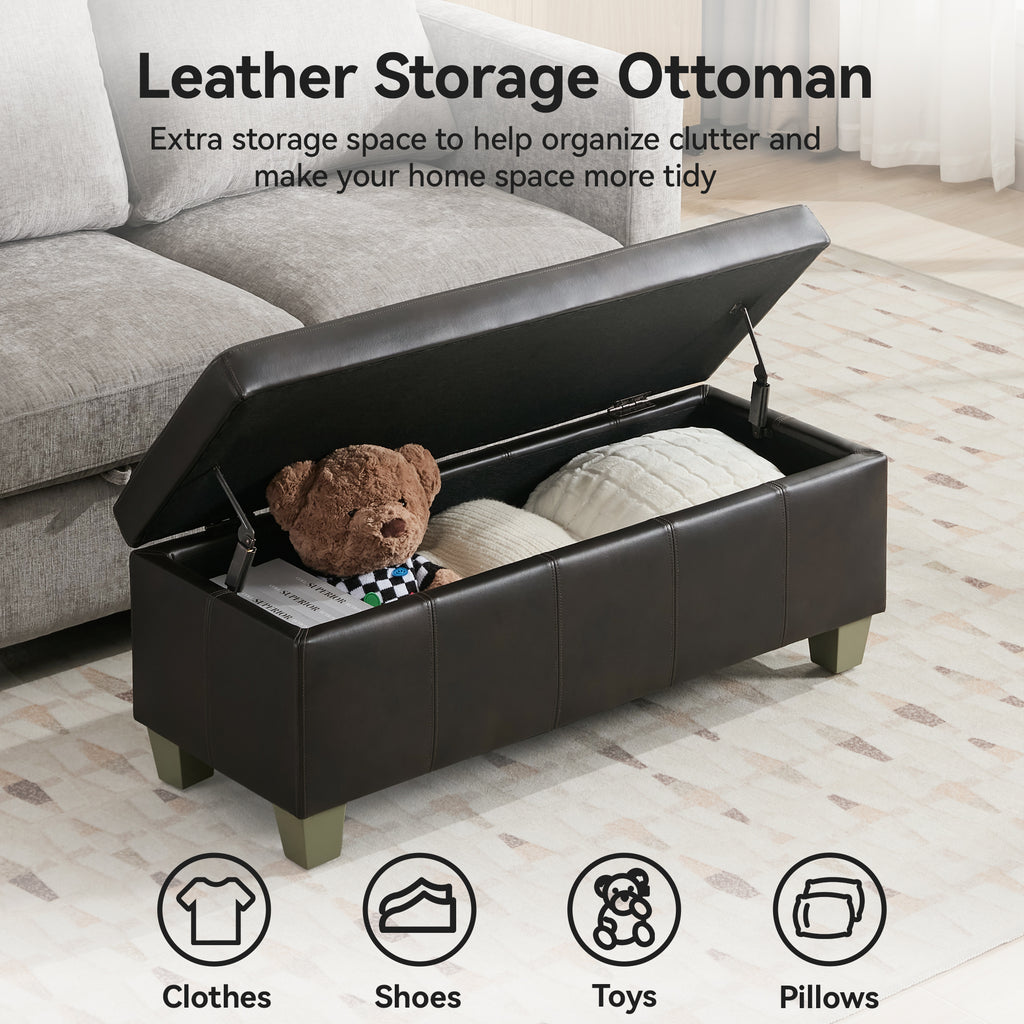 Faux Leather Storage Ottoman Bench, Rectangle Upholstered Storage Bench with Wooden Legs, Stitch Tufted Bench with Storage for Bedroom, Living Room, Entryway