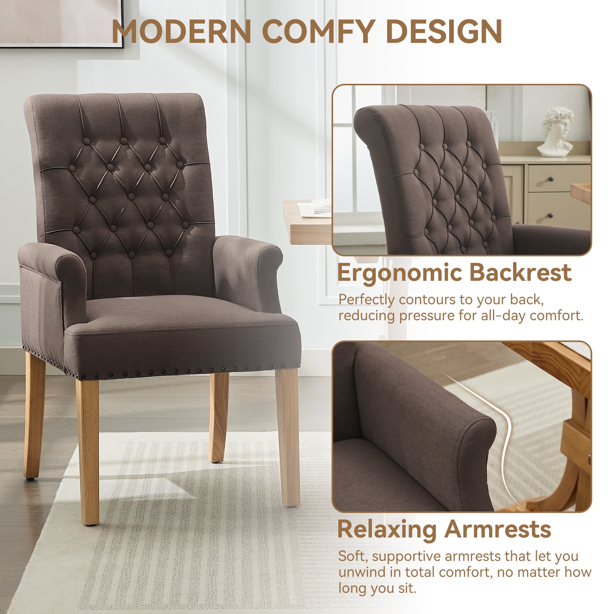 Fabric Dining Chair with Arms，Brown