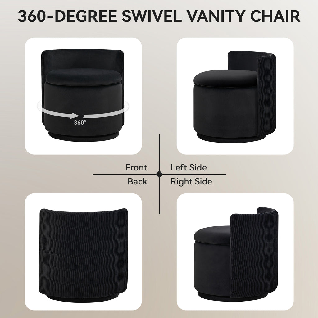 Velvet Swivel Accent Chair with Storage, 360° Vanity Makeup Chair with Wave Back, No Assembly Comfy Single Sofa Chair, Small Accent Stool for Bedroom, Dressing, Living Room