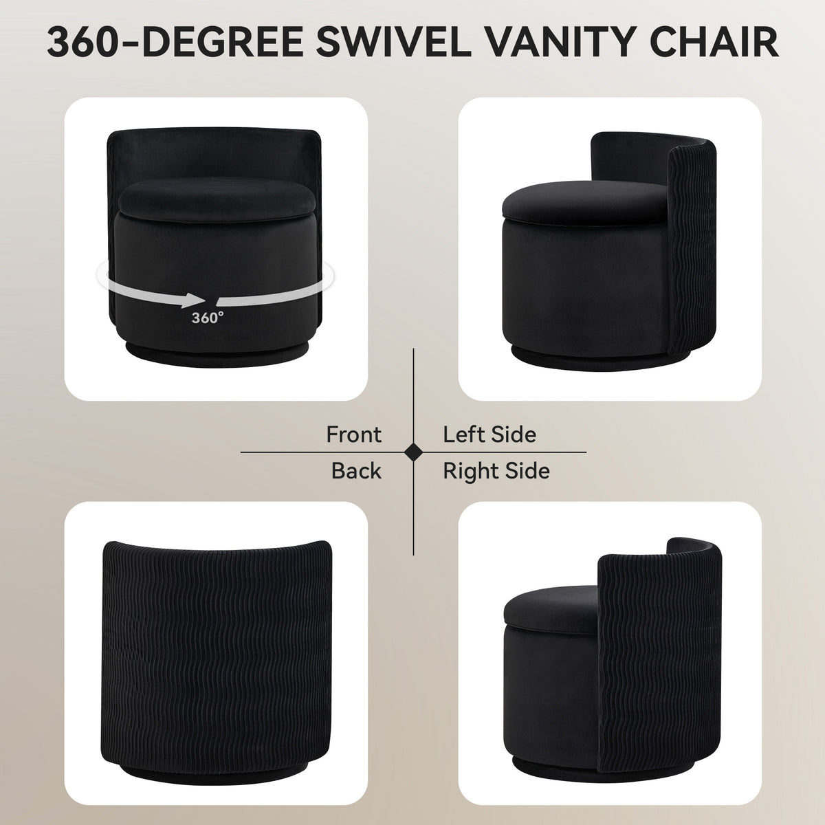 Velvet Swivel Accent Chair with Storage, 360° Vanity Makeup Chair with Wave Back, No Assembly Comfy Single Sofa Chair, Small Accent Stool for Bedroom, Dressing, Living Room