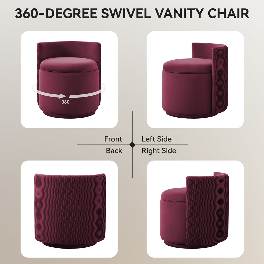 Velvet Swivel Accent Chair with Storage, 360° Vanity Makeup Chair with Wave Back, No Assembly Comfy Single Sofa Chair, Small Accent Stool for Bedroom, Dressing, Living Room