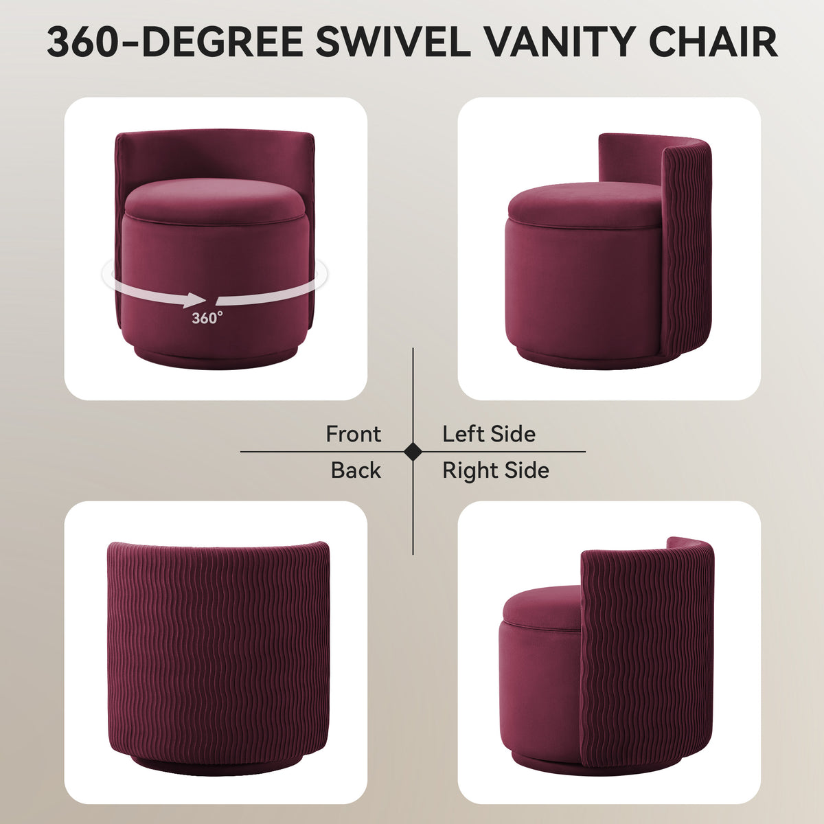 Velvet Swivel Accent Chair with Storage, 360° Vanity Makeup Chair with Wave Back, No Assembly Comfy Single Sofa Chair, Small Accent Stool for Bedroom, Dressing, Living Room