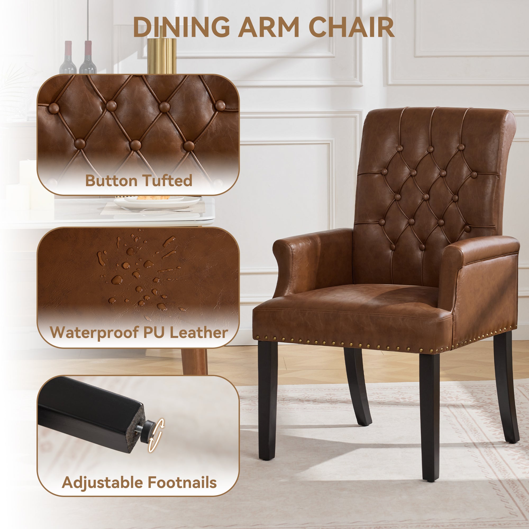 PU Leather Dining Chair with Arms, Brown