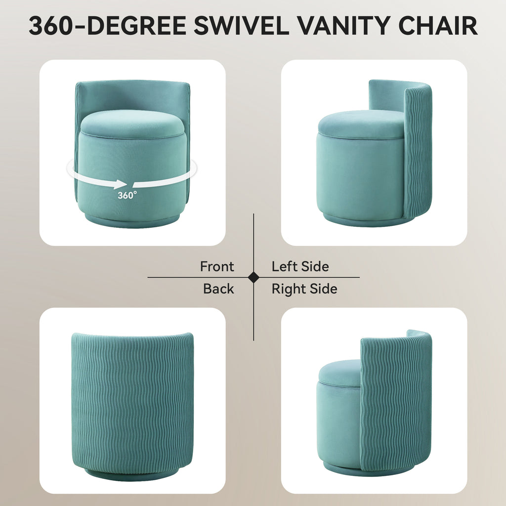 Velvet Swivel Accent Chair with Storage, 360° Vanity Makeup Chair with Wave Back, No Assembly Comfy Single Sofa Chair, Small Accent Stool for Bedroom, Dressing, Living Room