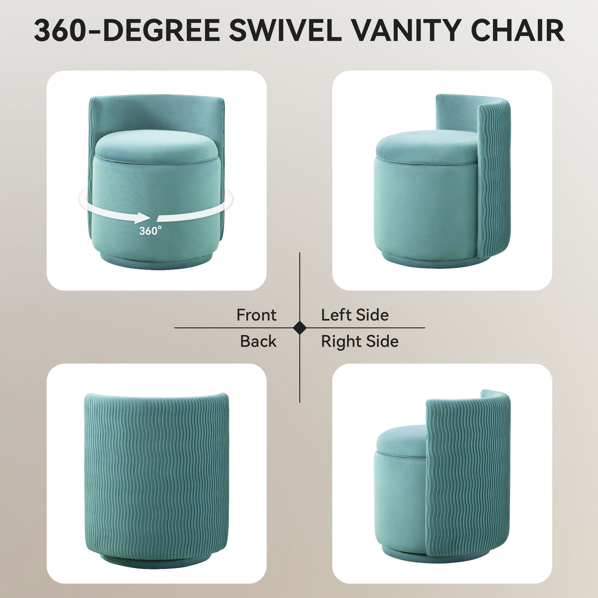 Velvet Swivel Accent Chair with Storage, 360° Vanity Makeup Chair with Wave Back, No Assembly Comfy Single Sofa Chair, Small Accent Stool for Bedroom, Dressing, Living Room
