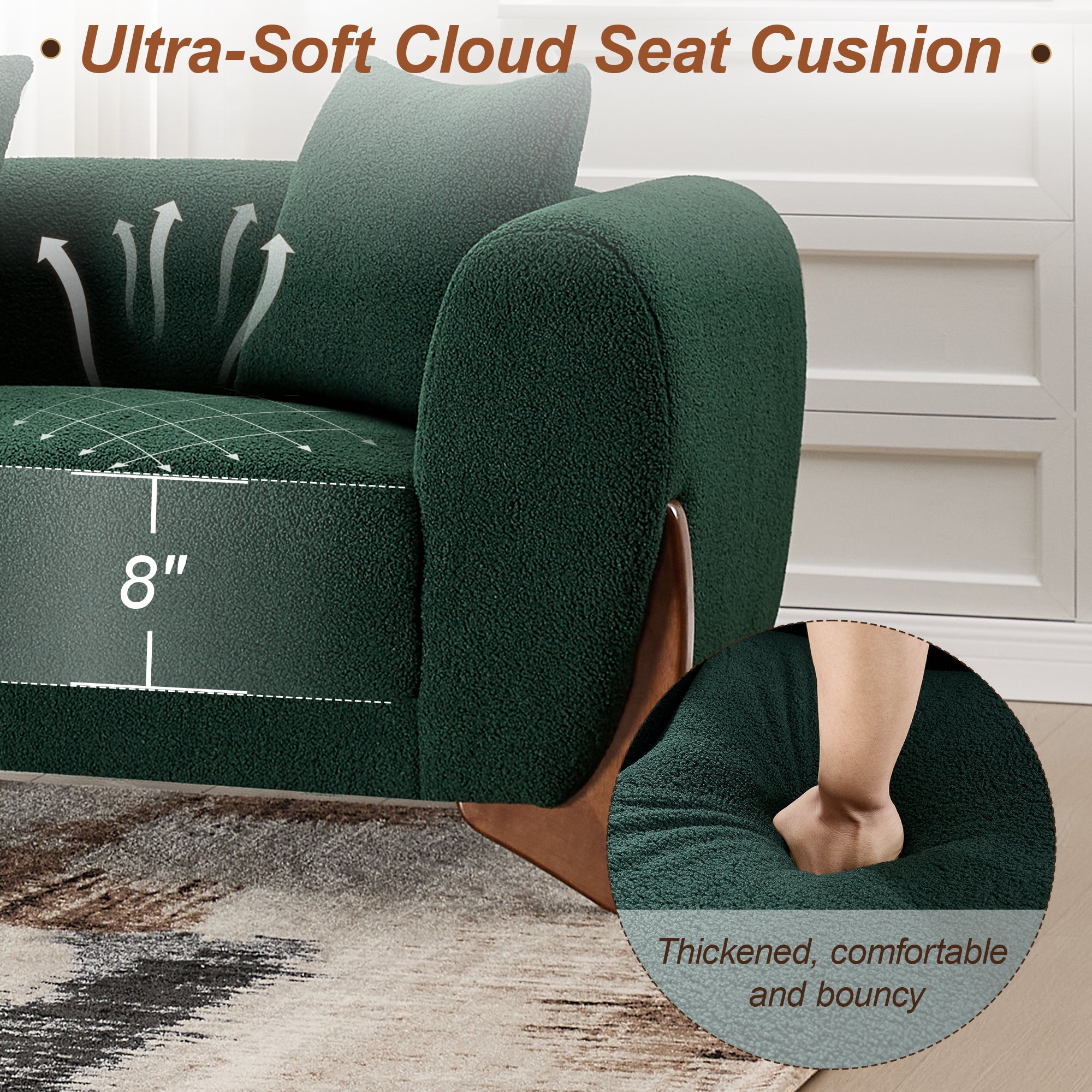 87" Boucle Couch with Solid Wood Legs, Green