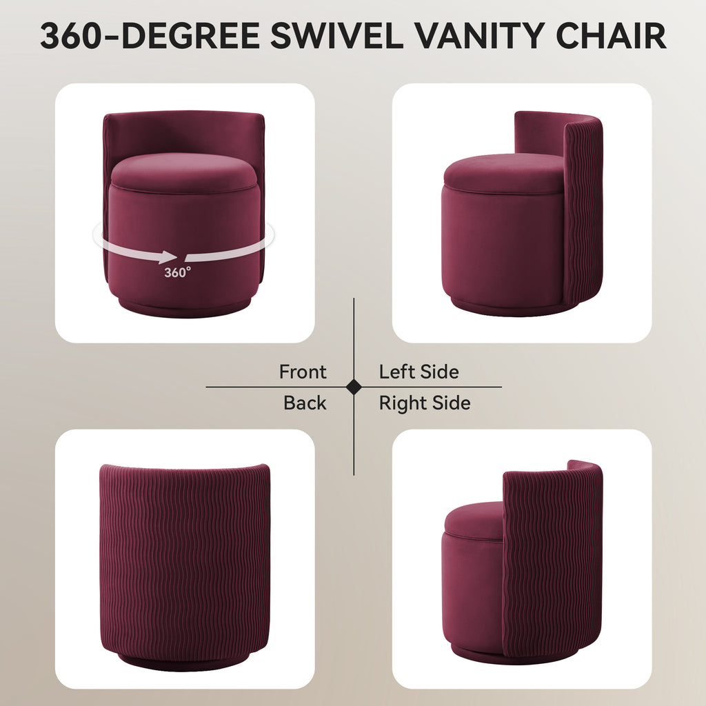 Vanity Chair with Storage，Velvet, Red