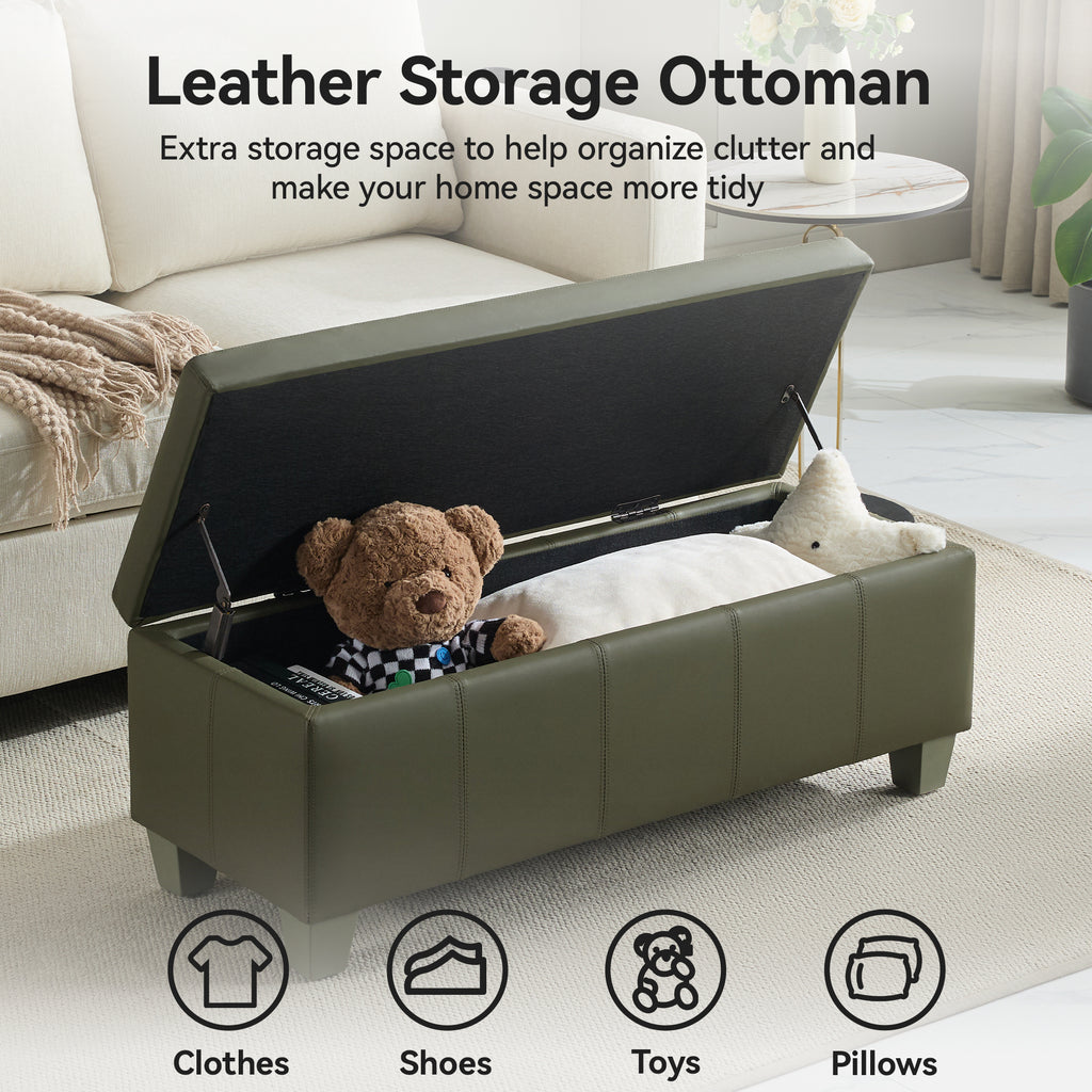 Faux Leather Storage Ottoman Bench, Rectangle Upholstered Storage Bench with Wooden Legs, Stitch Tufted Bench with Storage for Bedroom, Living Room, Entryway