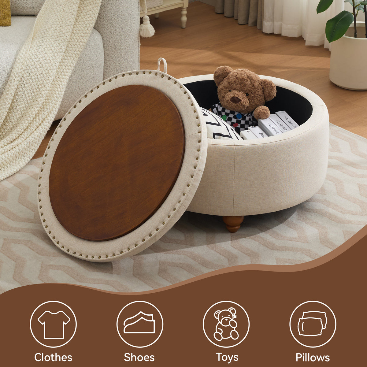 30'' Round Ottoman with Storage, Modern Tufted Storage Ottoman with Removable Top for Living Room, Bedroom, Khaki