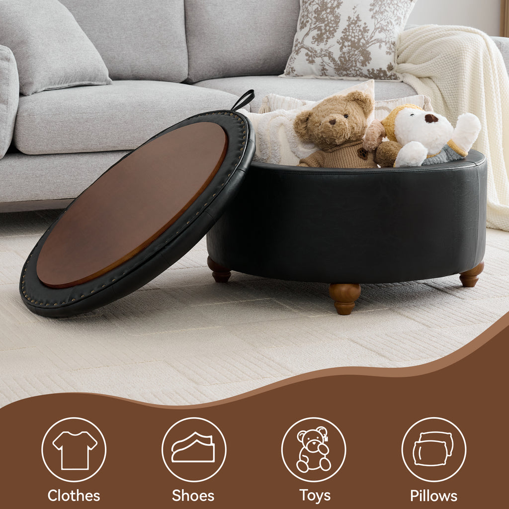 HASLE 30Inch Round Storage Ottoman with Tray, Modern Tufted Leather Circle Coffee Table with Storage, Upholstered Ottoman with Removable Top for Living Room, Bedroom, Leather Black
