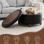 HASLE 30Inch Round Storage Ottoman with Tray, Modern Tufted Leather Circle Coffee Table with Storage, Upholstered Ottoman with Removable Top for Living Room, Bedroom, Leather Black