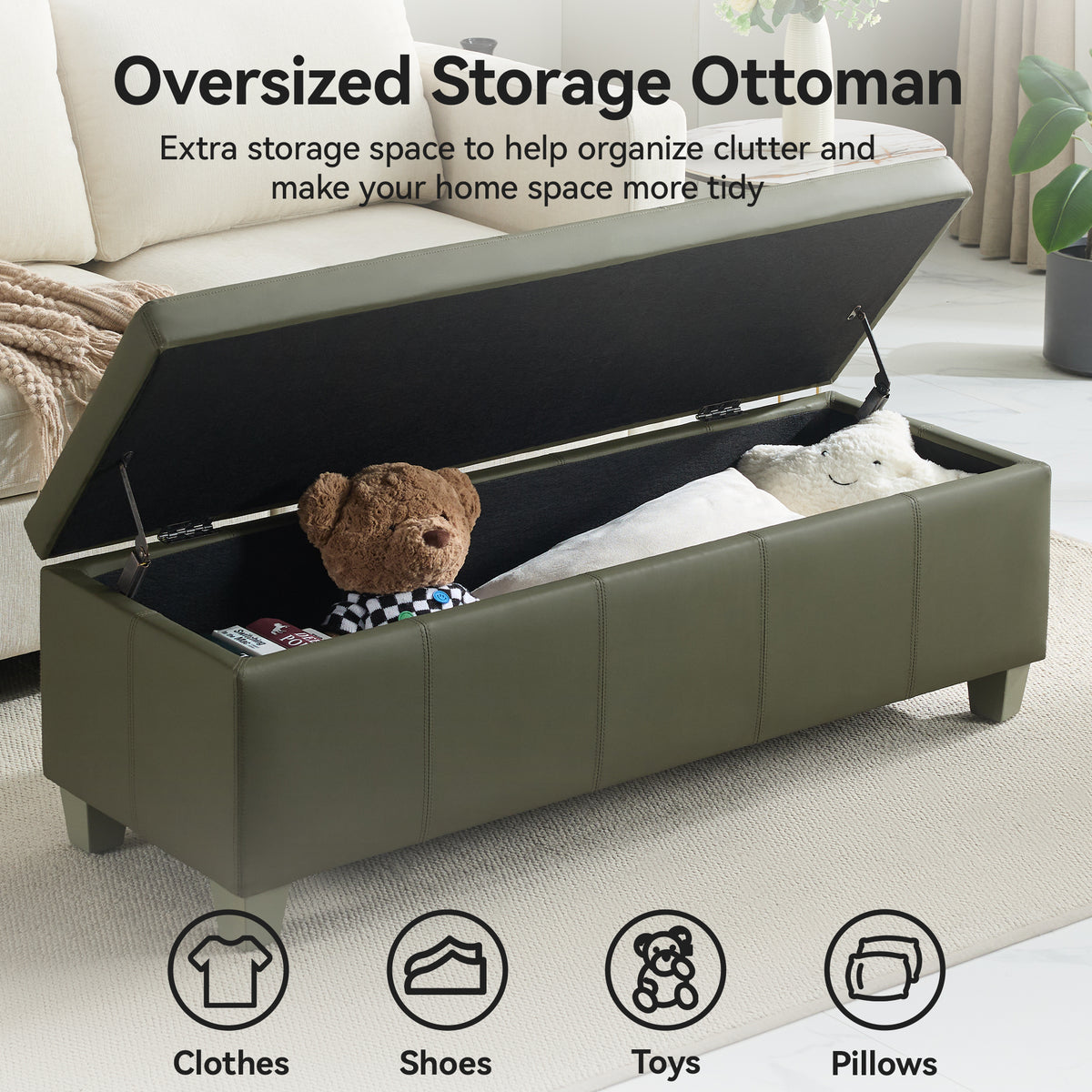 Faux Leather Storage Ottoman Bench, Rectangle Upholstered Storage Bench with Wooden Legs, Stitch Tufted Bench with Storage for Bedroom, Living Room, Entryway