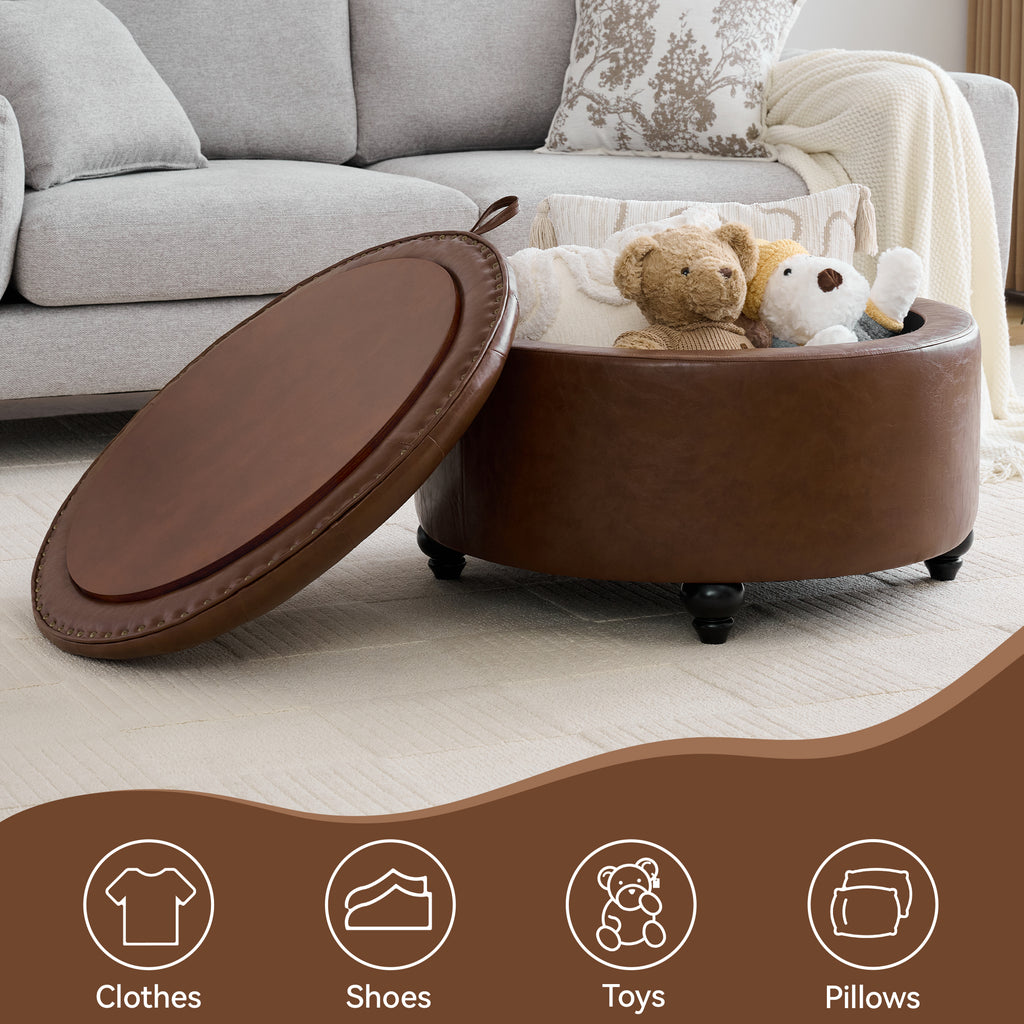 HASLE 30Inch Round Storage Ottoman with Tray, Modern Tufted Leather Circle Coffee Table with Storage, Upholstered Ottoman with Removable Top for Living Room, Bedroom, Leather Coffee