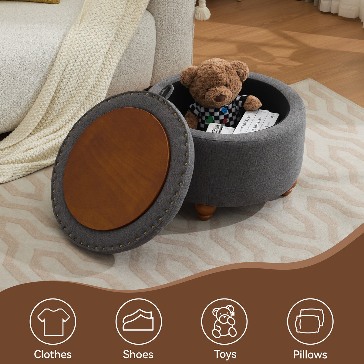 24'' Round Ottoman with Storage, Modern Tufted Fabric Storage Ottoman with Removable Top for Living Room, Bedroom, Drak Gray