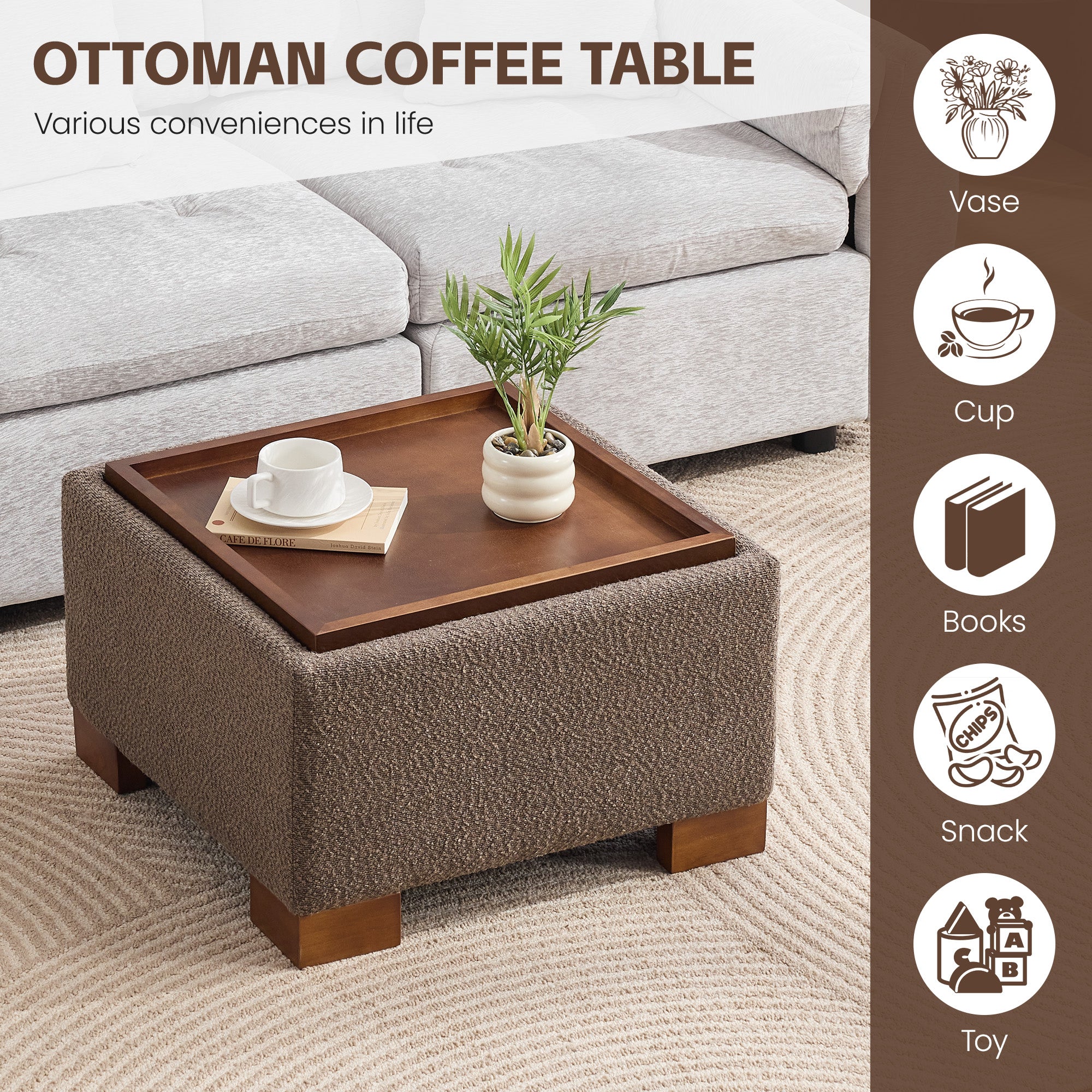 24" Square Storage Ottoman，Brown
