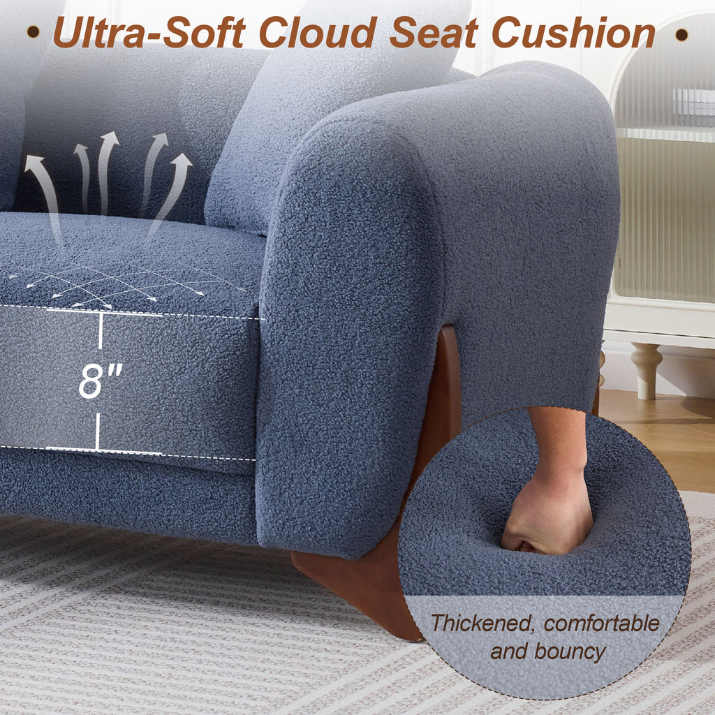 87" Boucle Couch with Solid Wood Legs,Blue