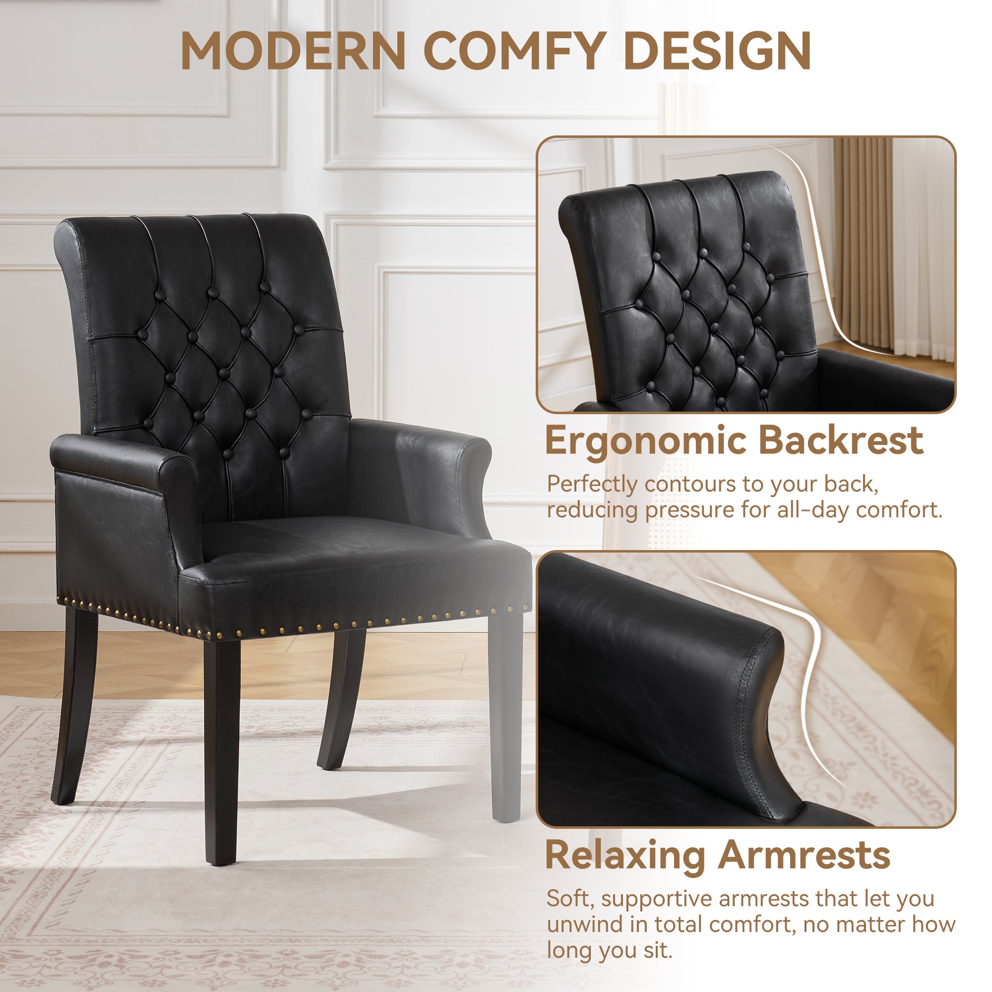PU Leather Dining Chair with Arms, Black