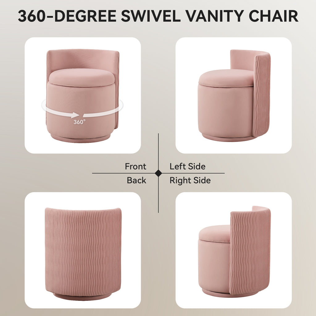 Vanity Chair with Storage，Velvet, Pink