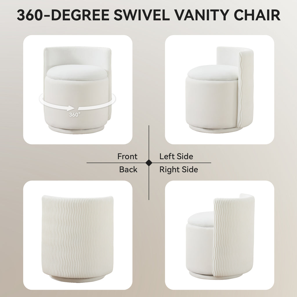 Velvet Swivel Accent Chair with Storage, 360° Vanity Makeup Chair with Wave Back, No Assembly Comfy Single Sofa Chair, Small Accent Stool for Bedroom, Dressing, Living Room
